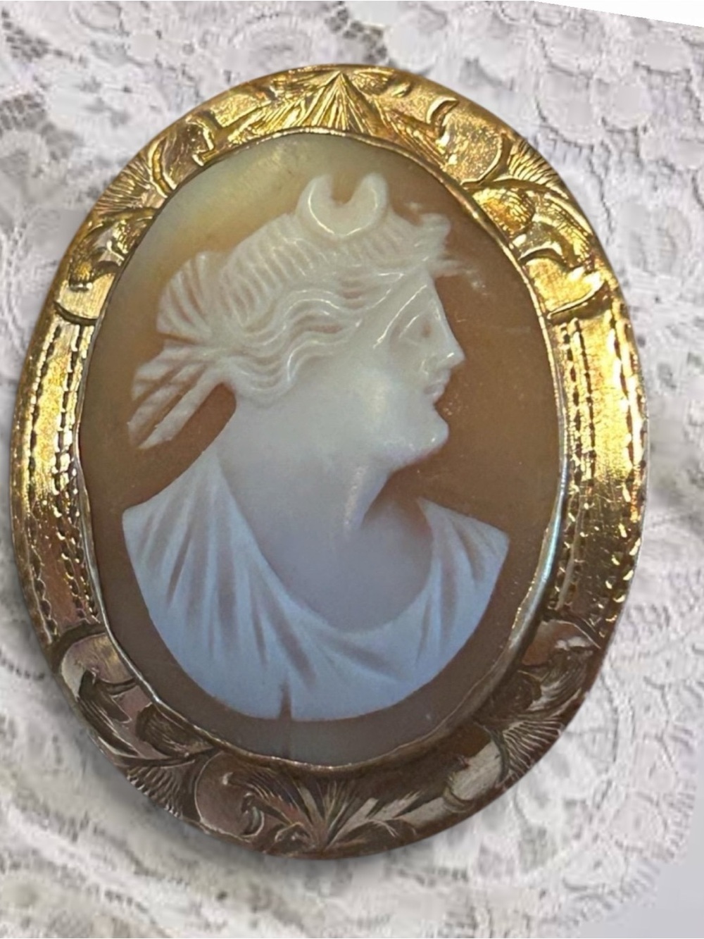 Vintage Carved Shell Cameo Brooch in Gold Filled Frame